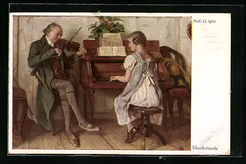 AK Musikstunde, Frua am Klavier und Herr mit Geige