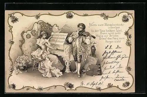 AK Fräulein am Klavier und junger Herr mit Geige