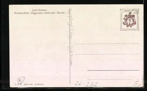 Künstler-AK Carl Reichert: Bernhardiner, Dogge und schottischer Terrier