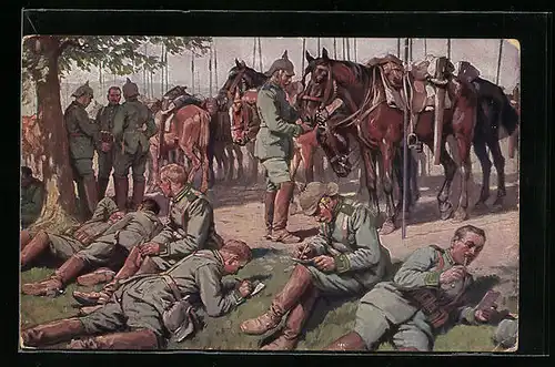 AK Soldaten mit Pferden schreiben Feldpostbriefe