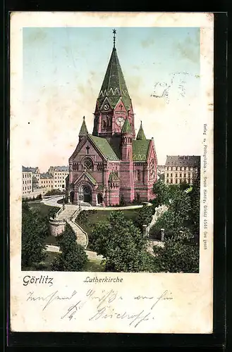 Goldfenster-AK Görlitz, Lutherkirche mit leuchtenden Fenstern