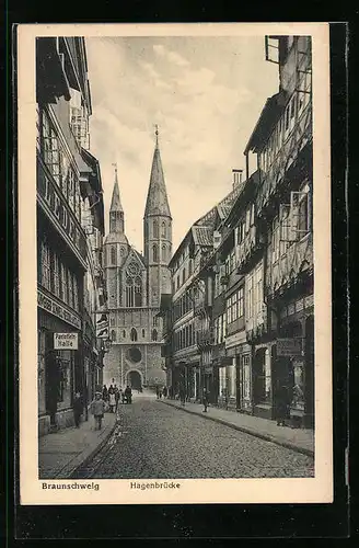 AK Braunschweig, Hagenbrücke mit Geschäften und Kirche