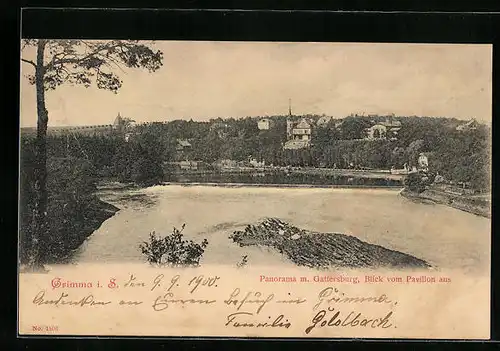AK Grimma i. S., Panorama mit Gattersburg vom Pavillon aus gesehen