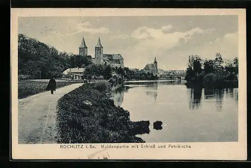 AK Rochlitz i. Sa., Muldenpartie mit Schloss und Petrikirche