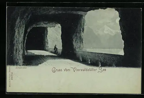 Mondschein-AK Flüelen, Axenstrasse mit Blick auf den Vierwaldstätter See