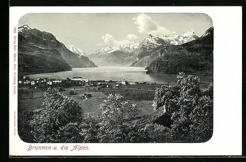 AK Brunnen, Totale mit Blick auf die Alpen