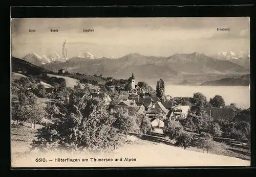 AK Hilterfingen, Gesamtansicht mit Thunersee und Alpen