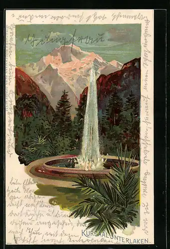 Lithographie Interlaken, Kursaal mit Brunnen