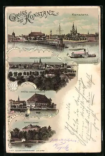 Lithographie Konstanz, Teilansicht v. d. Seestrasse, Schloss Mainau, Conciliumsgebäude