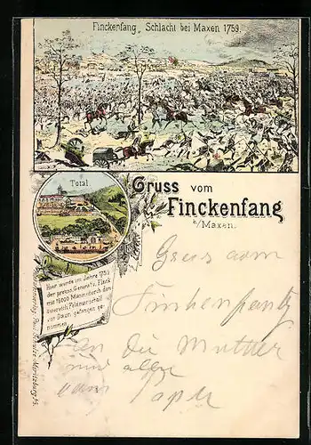 Lithographie Finckenfang b. Maxen, Schlacht bei Maxen 1759, Totalansicht