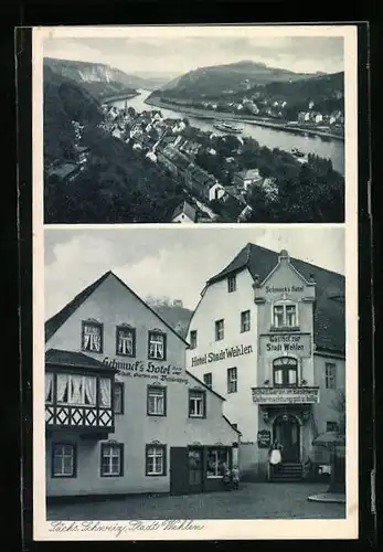 AK Wehlen a. d. Elbe /Sächs. Schweiz, Hotel Stadt Wehlen und Schmuck`s Hotel, Teilansicht