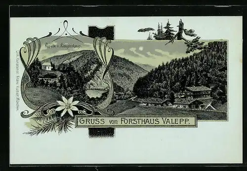 Mondschein-Lithographie Valepp, Forsthaus Valepp, Kapelle und Klausenhaus