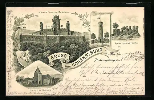 Lithographie Hohensyburg, Kirche zur Syburg, Kaiser Wilhelm-Denkmal, Vincke-Turm