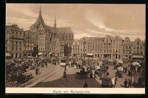 AK Rostock, Markt mit Kirche und Strassenbahn