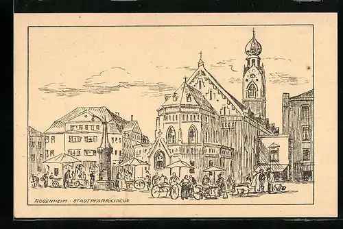 Künstler-AK Rosenheim, Stadtpfarrkirche und Markt