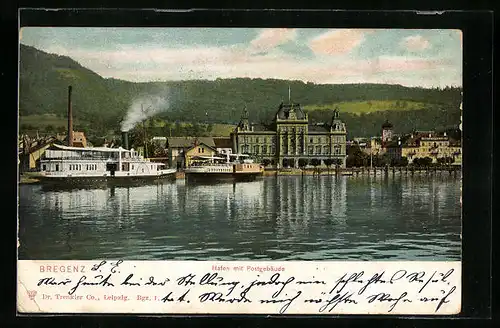 AK Bregenz, Hafen mit Postgebäude und Dampfern
