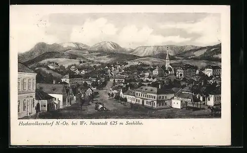 Künstler-AK Hochwolkersdorf bei Wr. Neustadt, Ortspartie mit Kirche