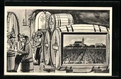 AK Retzbach, Ortspartie mit Kirche, Herren im Bierkeller, Passepartout