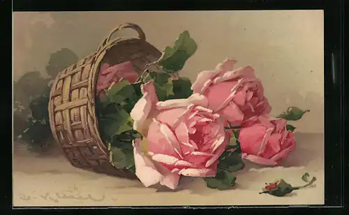 Künstler-AK Catharina Klein: Rosafarbene Rosen im Korb