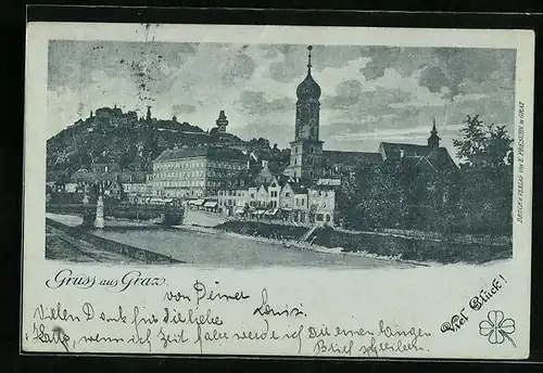 AK Graz, Uferpartie mit Kirche