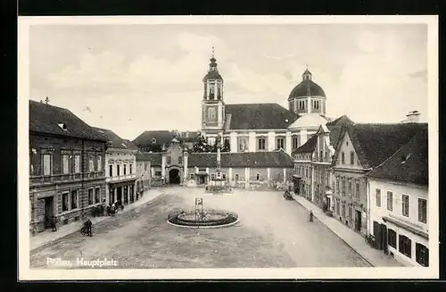 AK Pöllau, Hauptplatz mit Kirche und Denkmal
