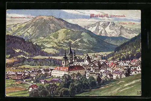 Künstler-AK Mariazell, Teilansicht mit Gemeindealpe und Ötscher