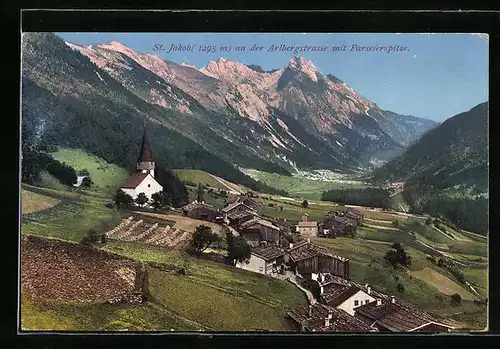 AK St. Jakob, Ortsansicht aus der Vogelschau mit Parseierspitze