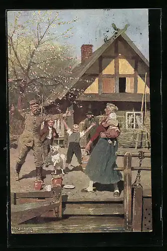 Künstler-AK sign. C. Röchling: Ankunft im Heimatsurlaub