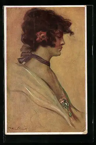 Künstler-AK sign. Kiss Rezsö: Junge Frau im Profil, Studienkopf