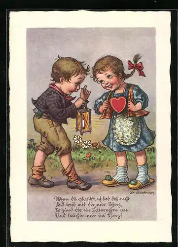 Künstler-AK sign. F. Bertram: Knabe und Mädchen mit Laterne