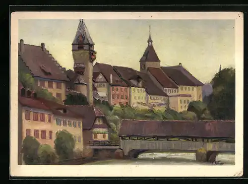 Künstler-AK Bremgarten, Uferpartie mit Brücke