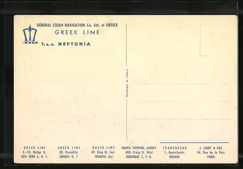 Künstler-AK Griechisches Passagierschiff T. S. S. Neptunia auf hoher See