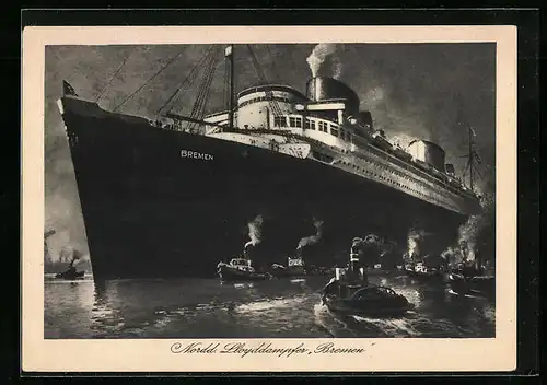 Künstler-AK Passagierschiff Bremen des Nordd. Lloyds mit Beibooten in See stechend