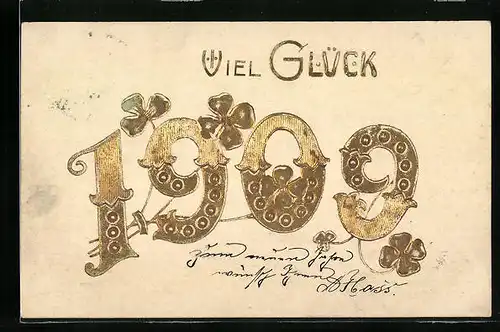 Präge-AK Viel Glück 1909, goldene Schrift