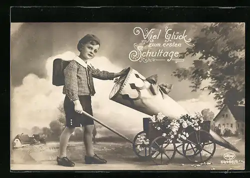 AK Viel Glück zum ersten Schultage, Kind mit Zuckertüte zum Schulanfang