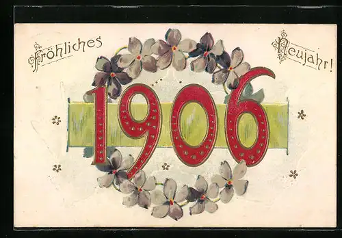 Präge-AK Neujahr 1906 mit Blumen, Jahreszahl