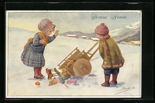 Künstler-AK Kinder mit Schubkarren im Schnee, Neujahr