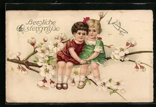 Künstler-AK Kinder auf Apfelbaumblütenzweig zu Pfingsten