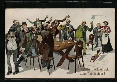 Künstler-AK Karel L. Links: Feiernde Gesellschaft, Glückwunsch zum Namenstag