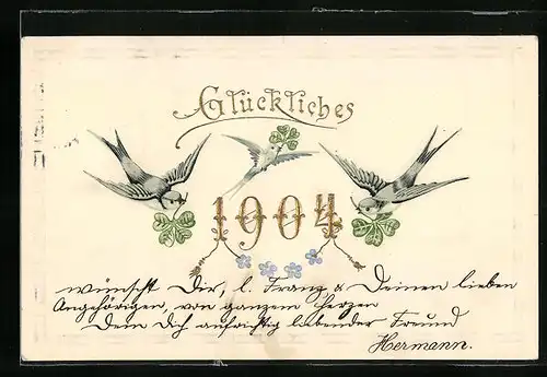 Präge-AK Glückliches Neujahr 1904, Schwalben mit Kleeblättern