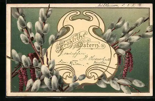 Präge-AK Fröhliche Ostern, Palmkätzchenzweige