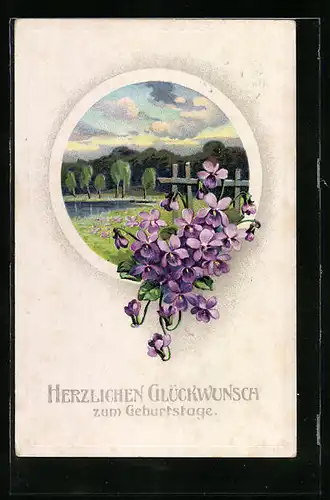 Künstler-AK Glückwunsch zum Geburtstag, Veilchen in Dorflandschaft