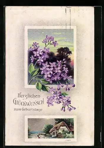 Künstler-AK Glückwunsch zum Geburtstag, Flieder