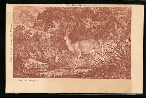 Künstler-AK Rehbock an einem Gewässer im Wald