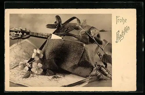 AK Tasche aus Sackleinen mit Mandoline und Maikäfern, Pfingstgruss