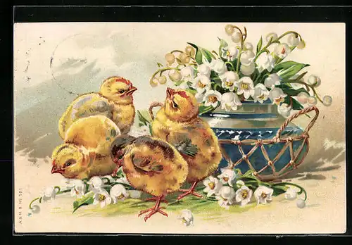 Künstler-AK Vier Küken mit Maiglöckchen-Strauss