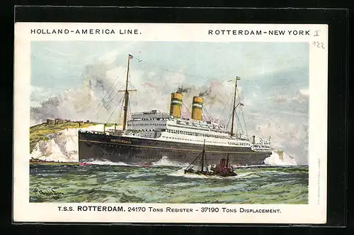 Künstler-AK T.S.S. Passagierschiff Rotterdam der Holland-America Line in voller Fahrt