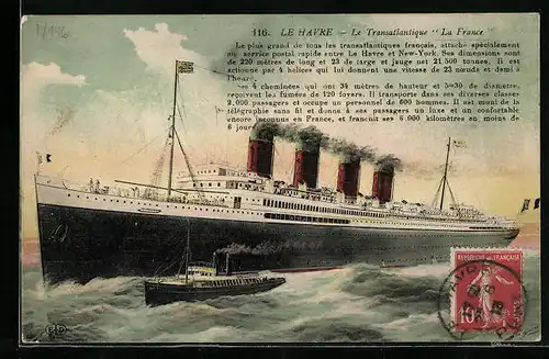 Künstler-AK Französisches Passagierschiff La France gibt Volldampf