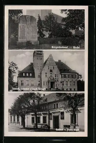 AK Cammer / Zauch-Belzig, Gasthof von Franz Block, Schloss, Kriegerdenkmal neben der Kirche