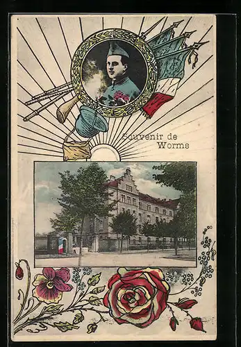 AK Worms, Ansicht der Kaserne, Französischer Soldat